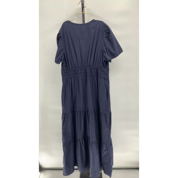 Quince Womens 100% Organic Cotton Poplin Tiered Maxi Dress Navy Basic Sleeved L - Picture 2 of 2